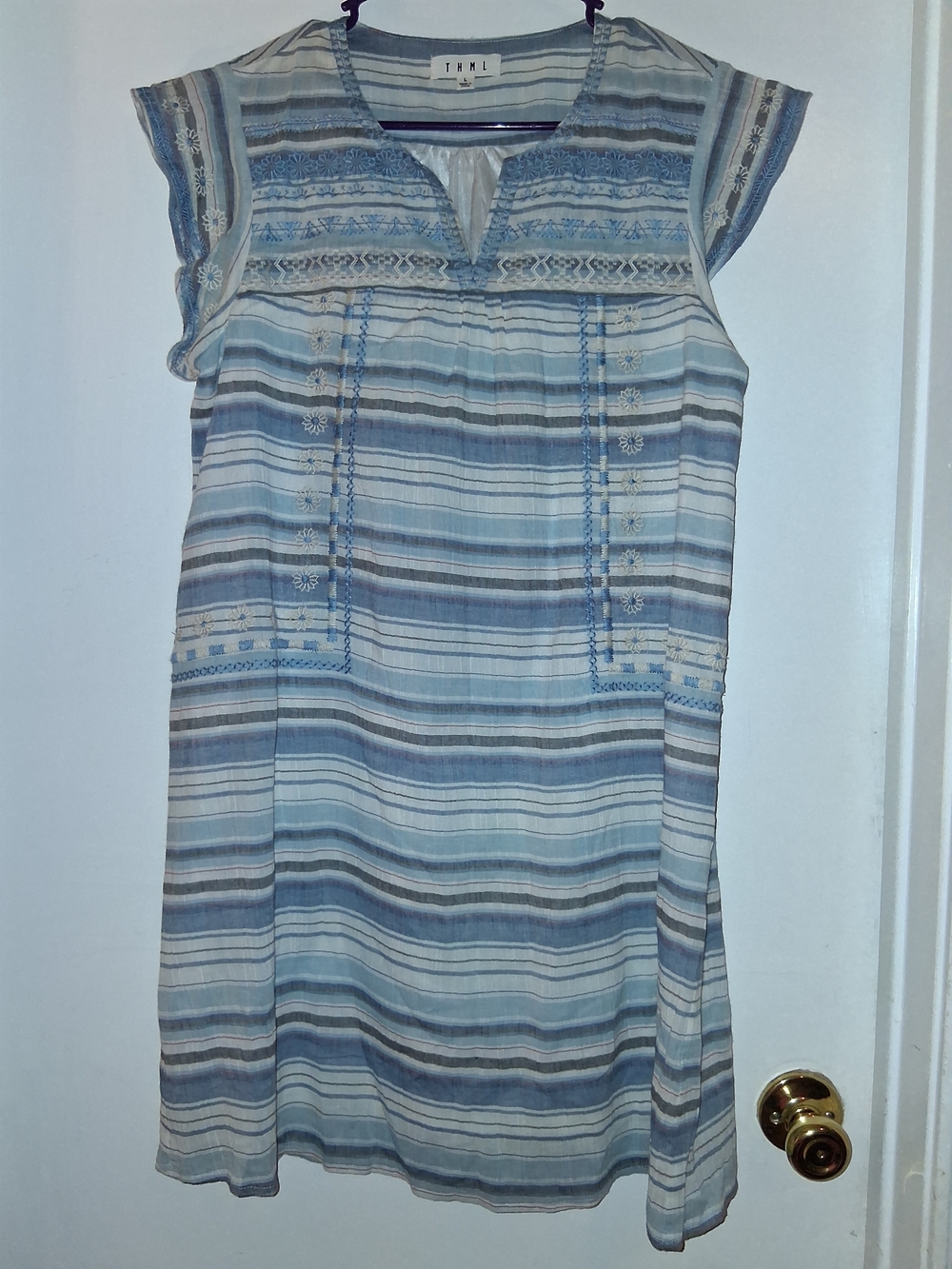THML Blue and Cream Striped Embroidered Tunic